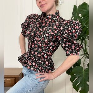 Vintage Leslie Lucks Floral Puff Sleeve Peplum Blouse Cottagecore Prairie Size 4